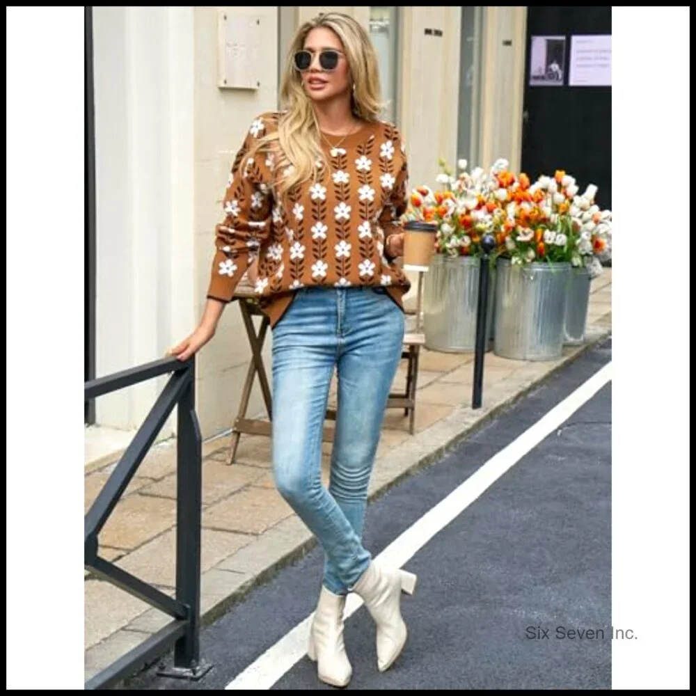 Oversized Floral Knit Pullover Chunky Crewneck Sweater Y2K Chic Casual - Picture 4 of 7